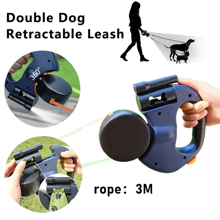 Retractable Dual Dog Leash 360 with LED Light